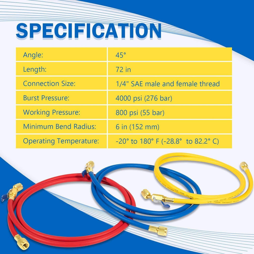 Refrigerant charging hose set with red, blue, and yellow hoses laid out, brass fittings attached