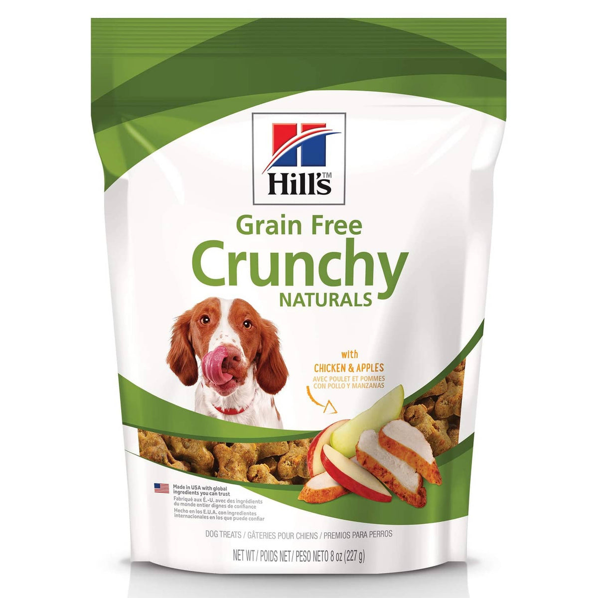 Hill's Grain Free Crunchy Naturals dog treat pouch, front view with chicken & apples