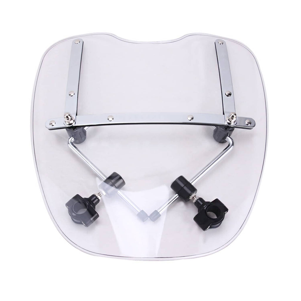 Clear motorcycle windshield underside with silver frame and black clamp hardware.