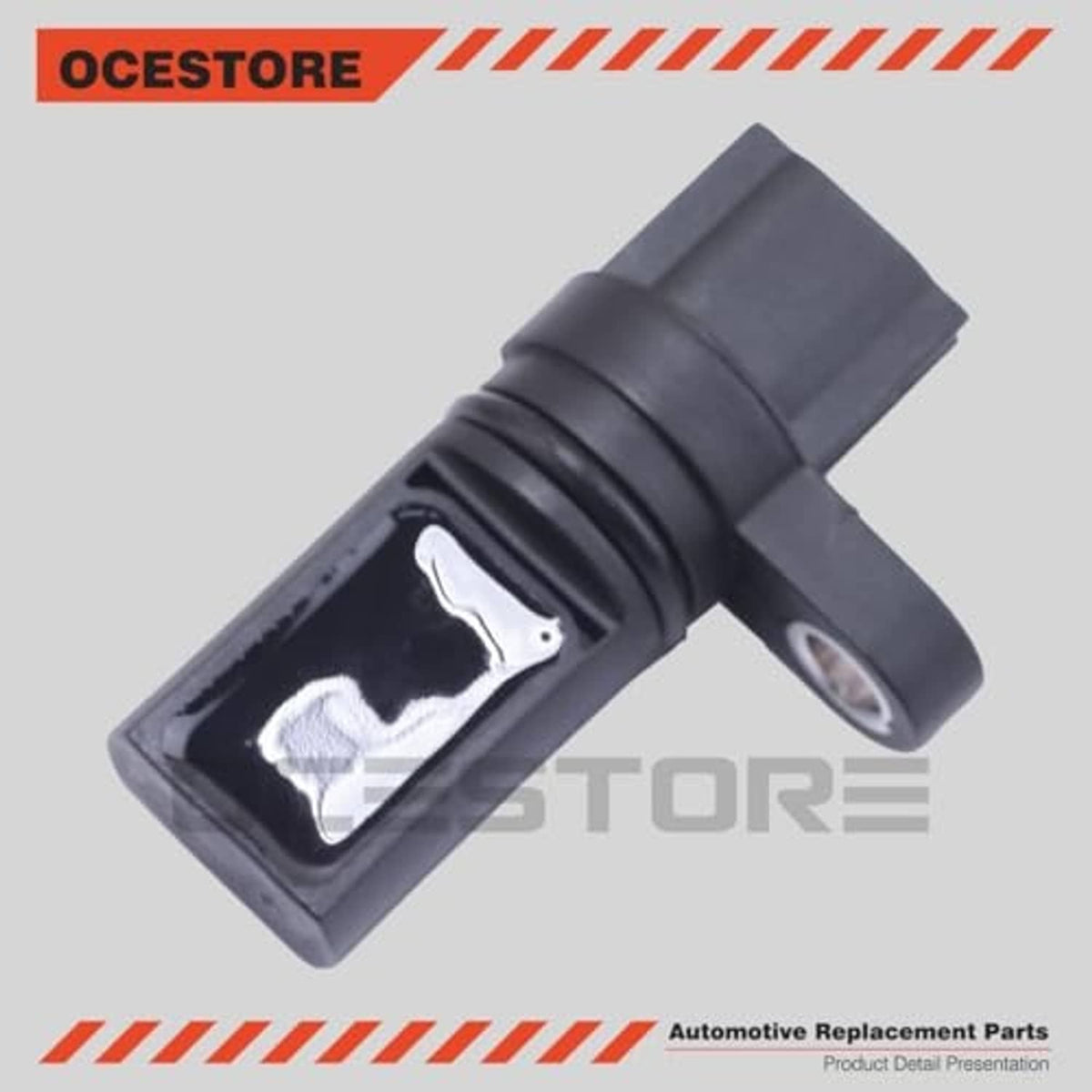 Camshaft position sensor showing black body, terminals, and mounting bracket