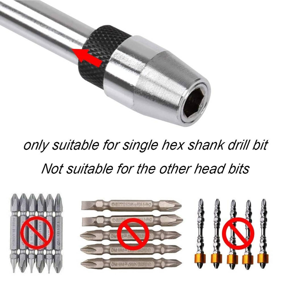 Bit holder tip designed for single hex shank drill bits; rejects other head bits