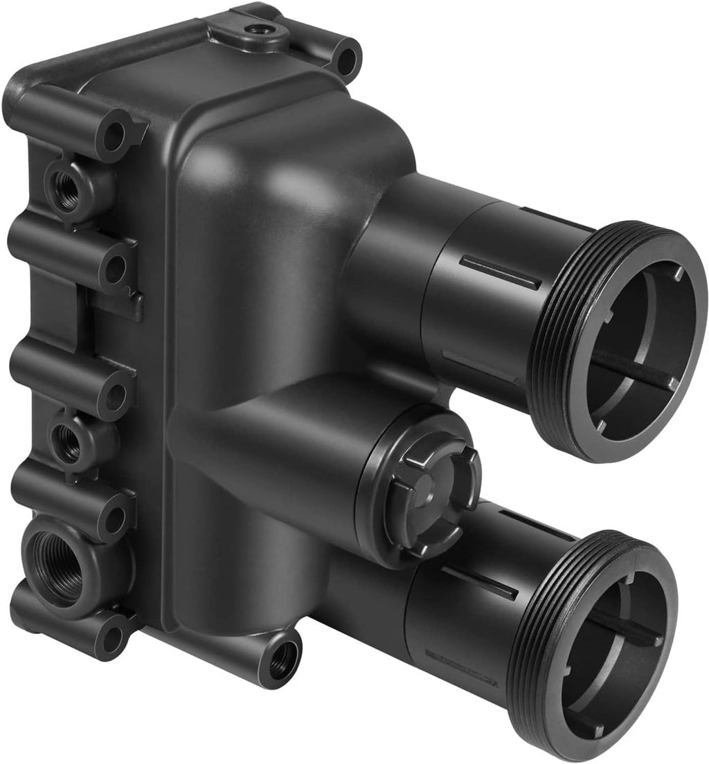 Black pool heater manifold assembly with threaded inlet ends and mounting holes