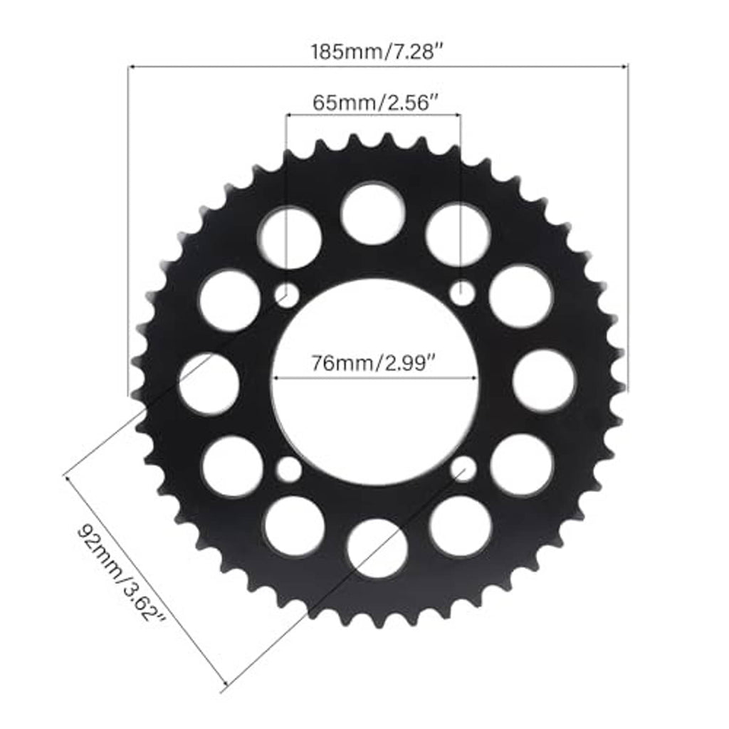 Black rear sprocket gear with bolt holes, shown with size measurements
