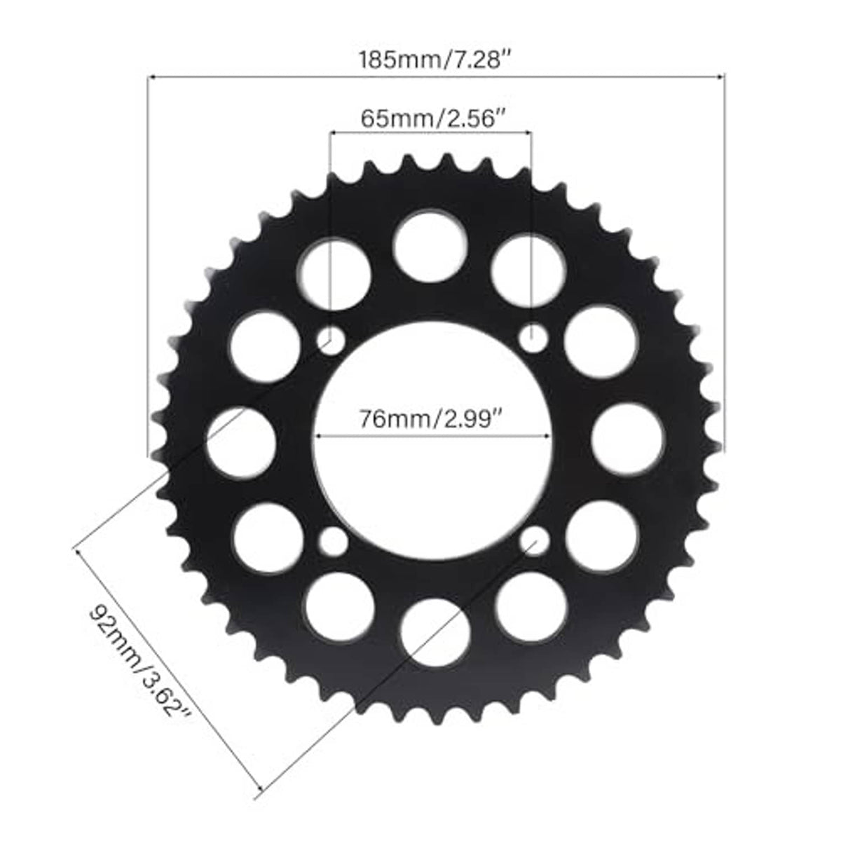 Black rear sprocket gear with bolt holes, shown with size measurements