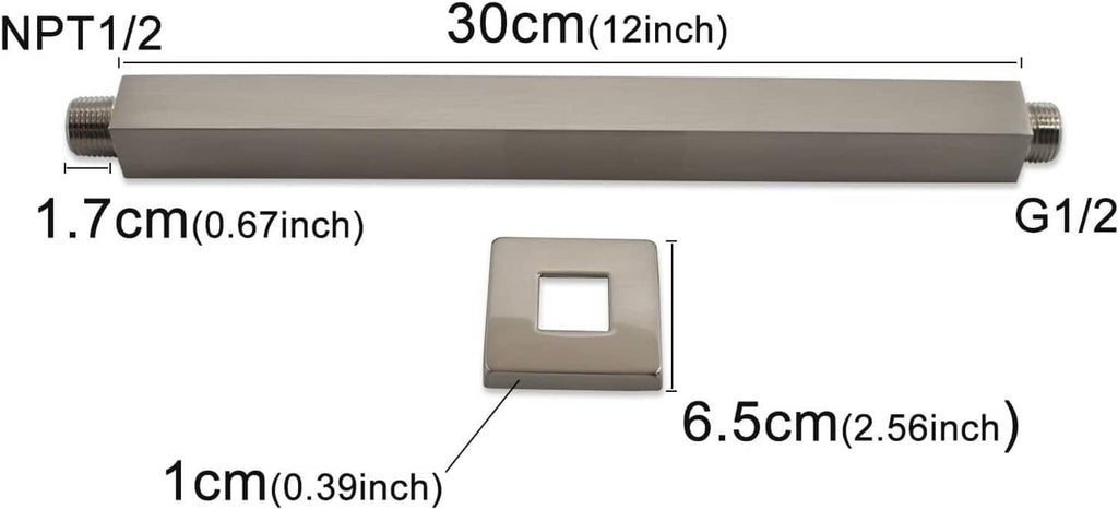 30 cm (12 in) shower arm extension with flanged ceiling mount and threaded connections