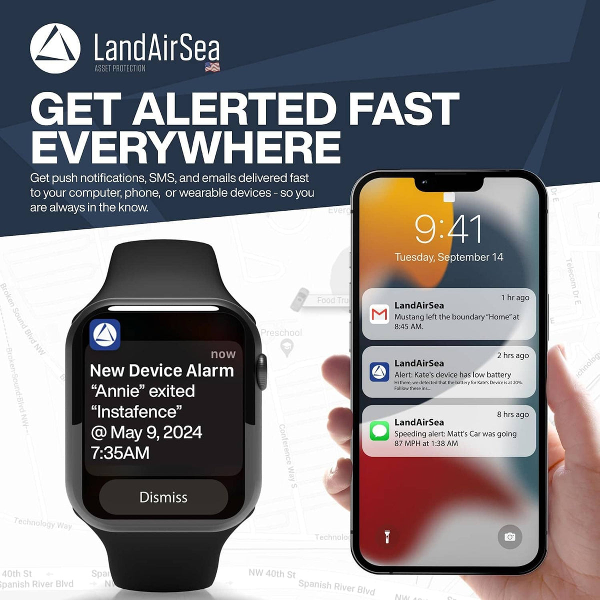 Smartwatch and smartphone display location alerts for the GPS tracker system.
