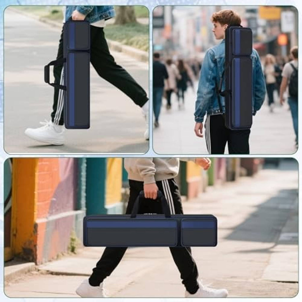 Navy-blue pool cue case worn crossbody with shoulder strap, slim padded profile