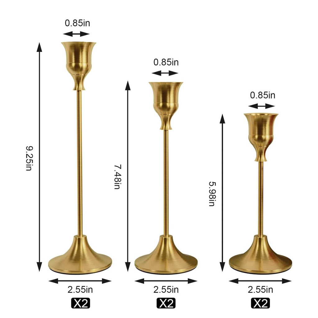 Brass gold candle holders set of six, height and base size measurement diagram