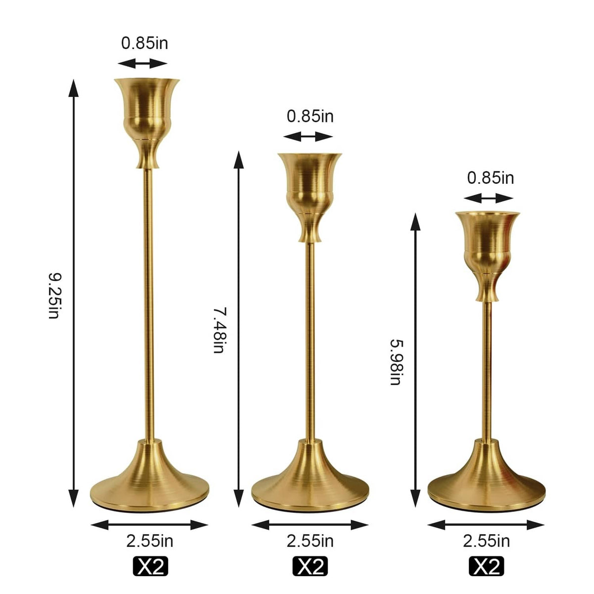 Brass gold candle holders set of six, height and base size measurement diagram