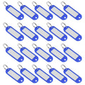Blue plastic key tags with split ring keychain ID, multiple on display