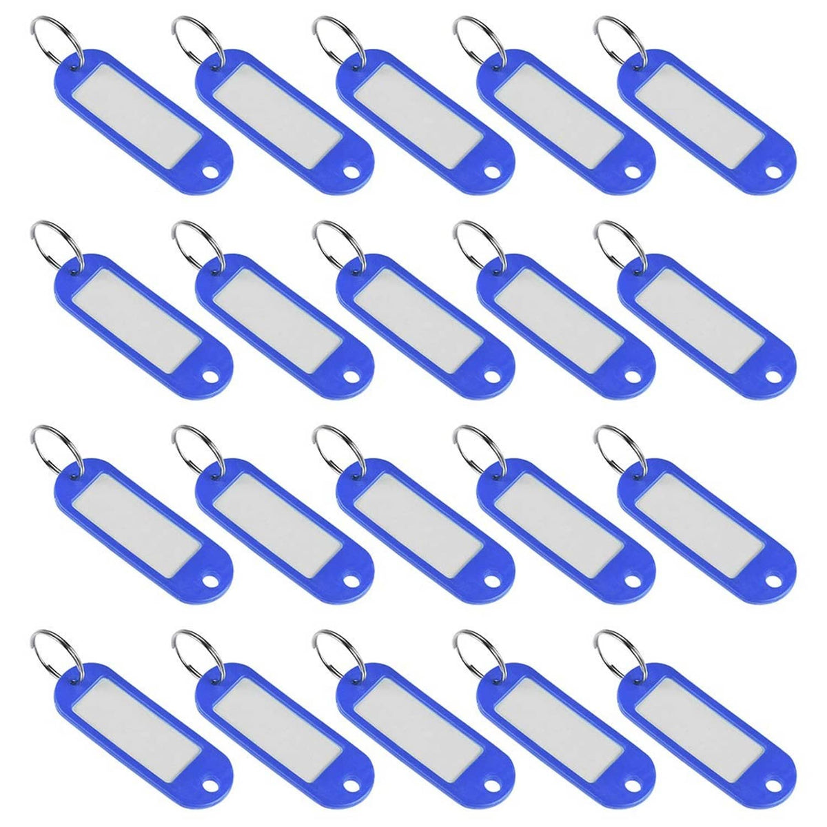 Blue plastic key tags with split ring keychain ID, multiple on display