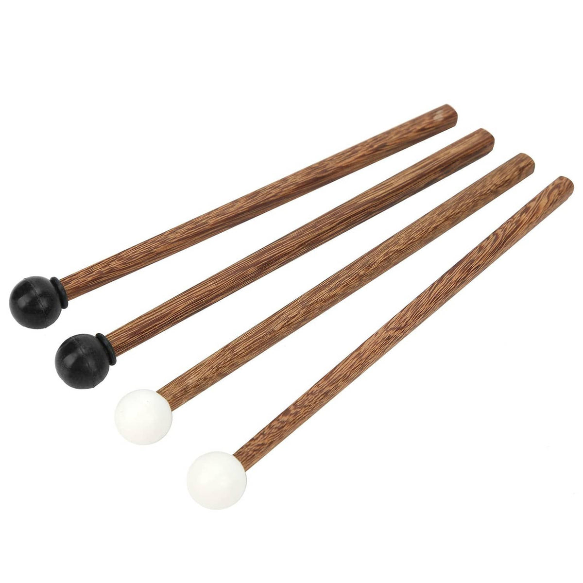 4-piece tongue drum mallet set with brown wood handles; black and white rubber heads