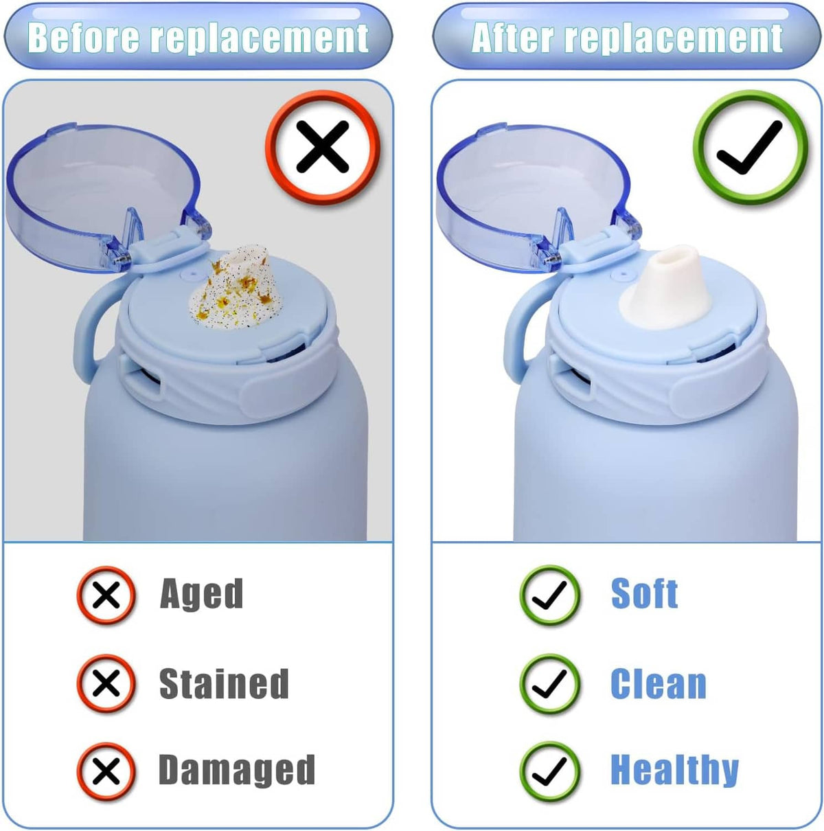 Before-and-after view of bottle bite valve showing clean, soft replacement fit
