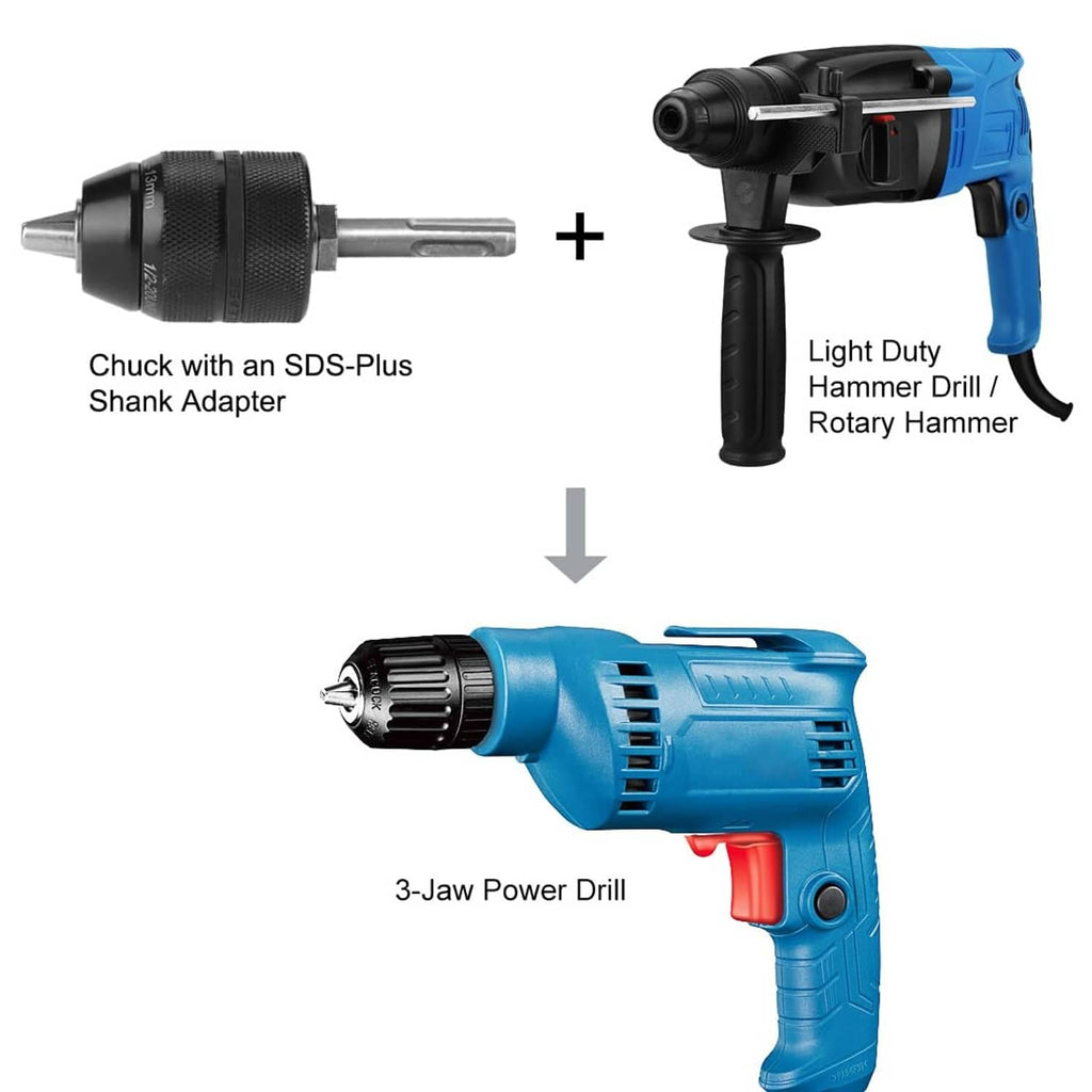 Keyless 3-jaw chuck with SDS-Plus shank adapter, mounted on light duty hammer drill