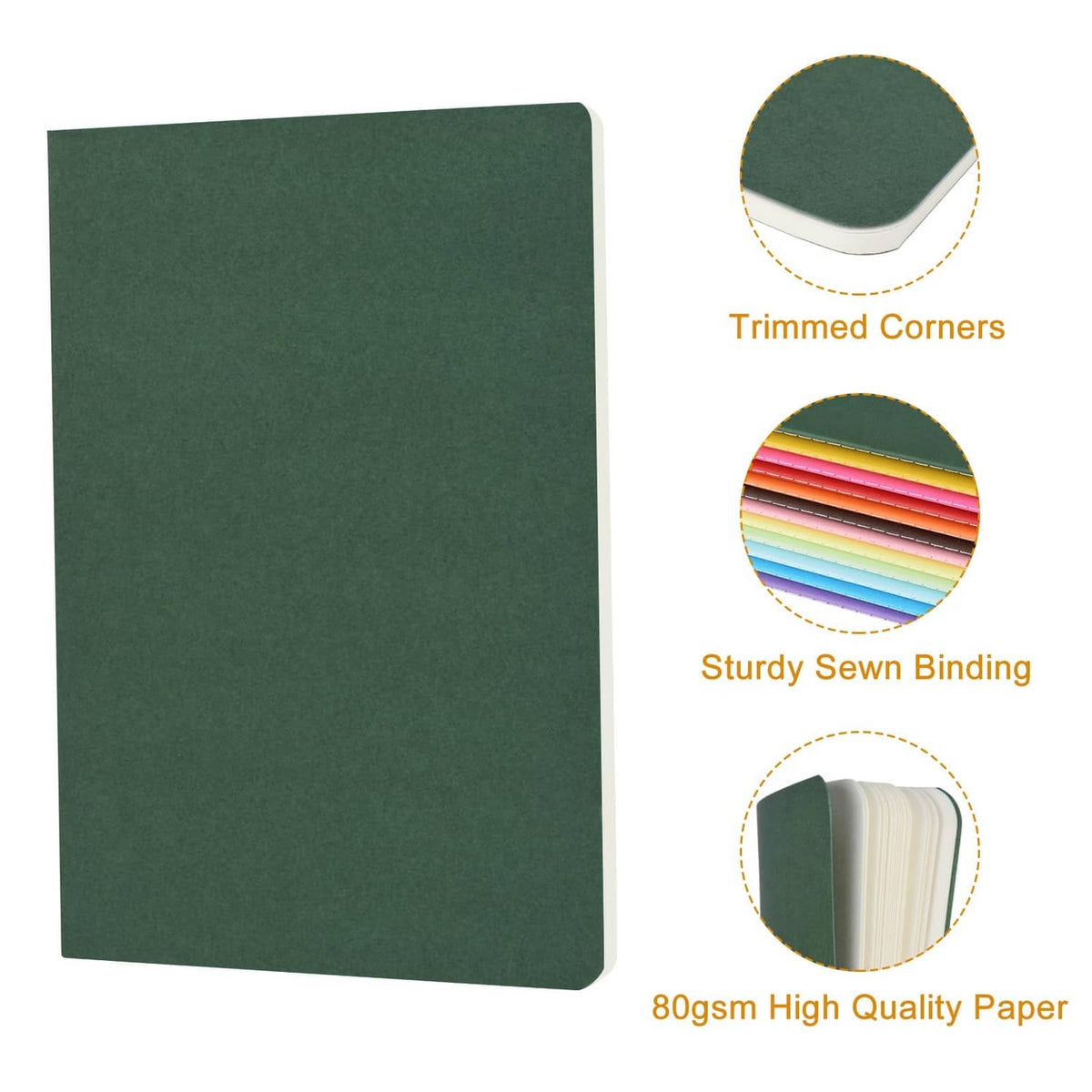 Dark green A5 blank notebook with trimmed corners, sewn binding, and thick paper