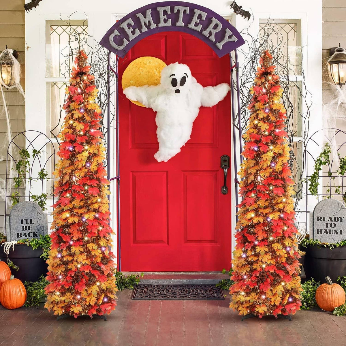 Two 5ft fall decorative lighted trees with multicolor foliage