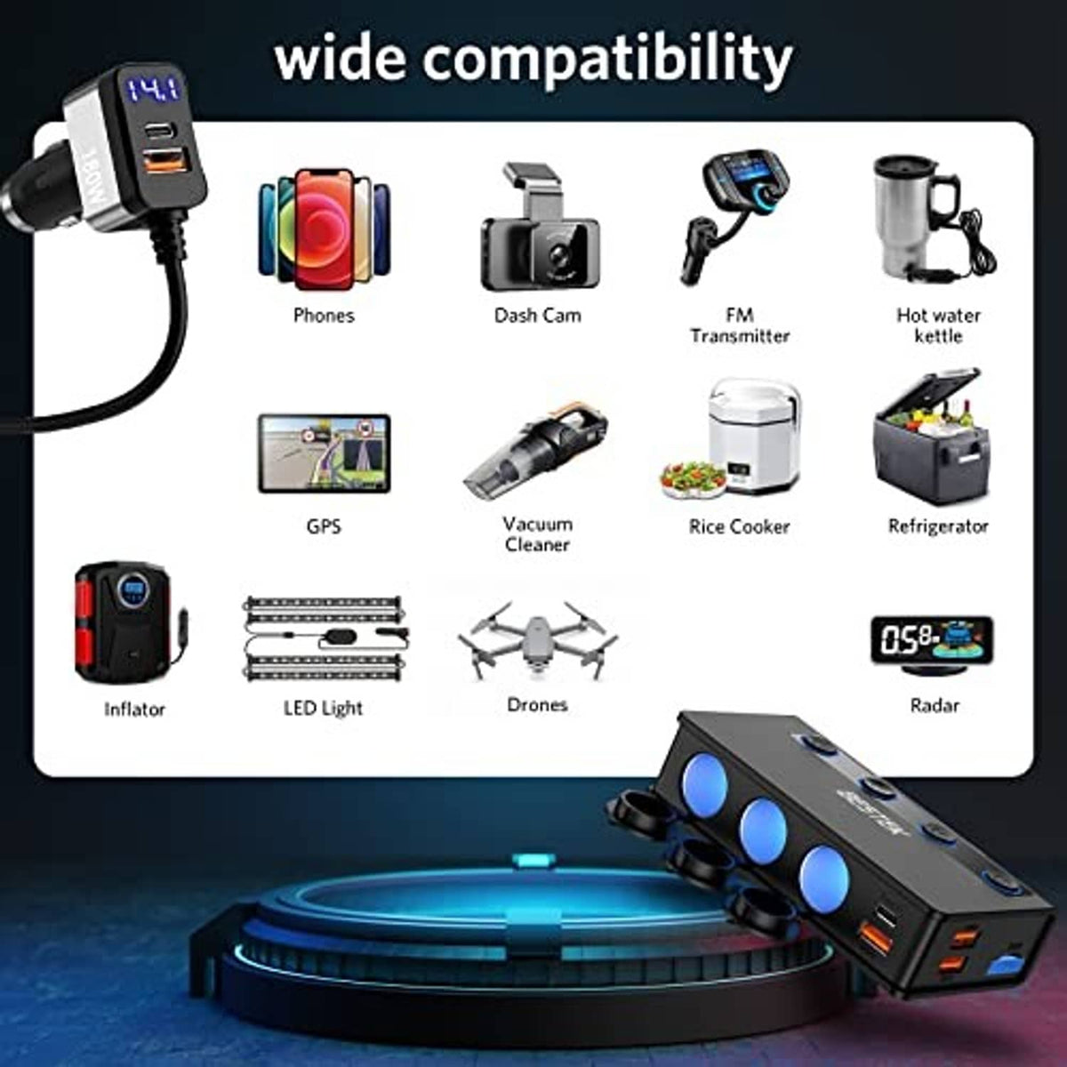 Black multi-port car charger splitter with blue-lit ports for charging multiple devices.