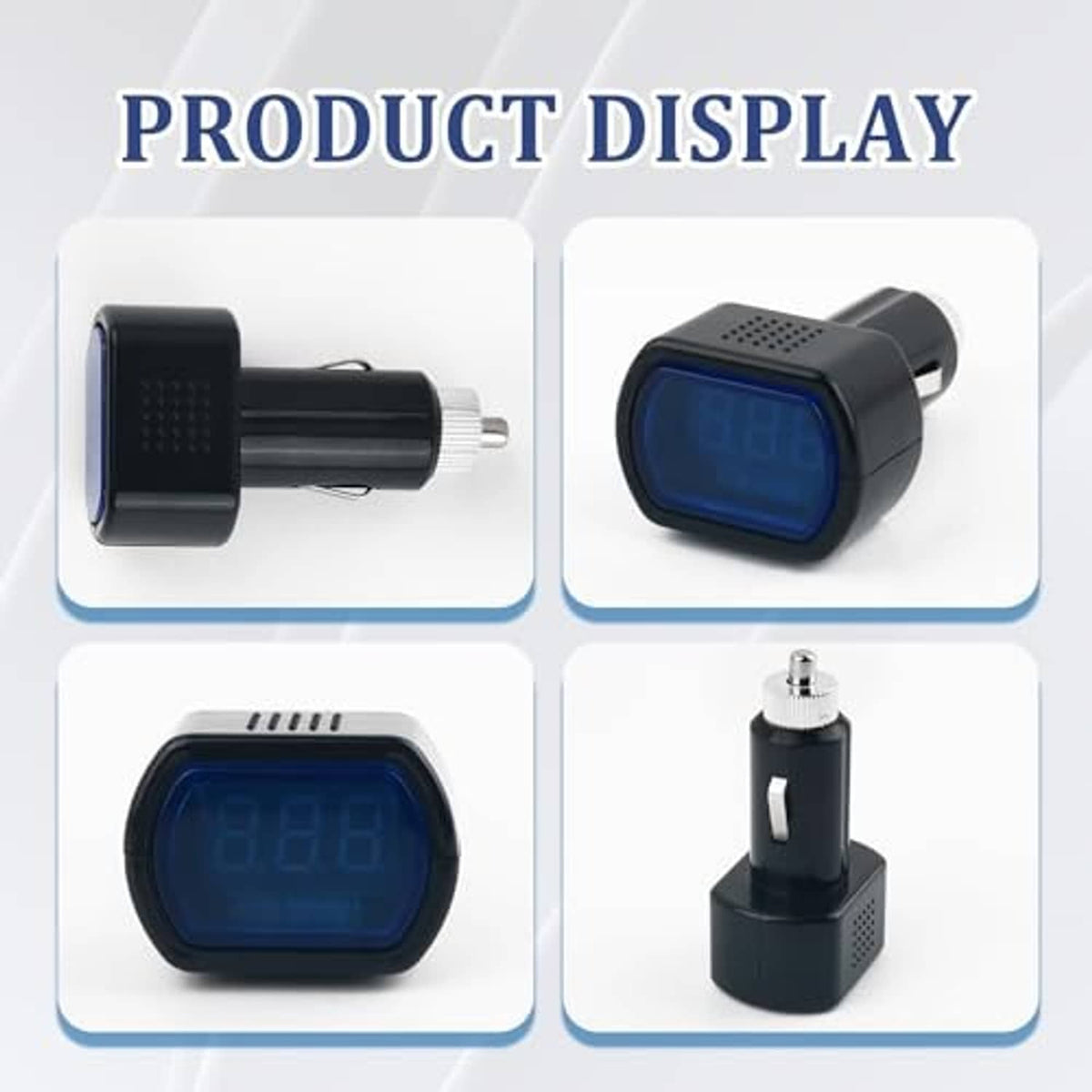 Car cigarette lighter voltage meter product display showing front view and plug views