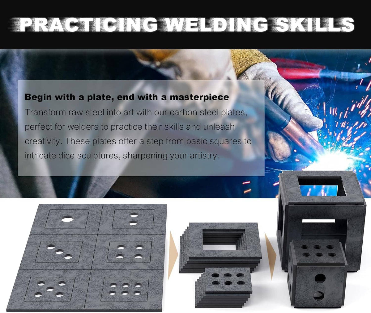 Steel welding practice plates and hollow blocks with circular holes, dark gray set