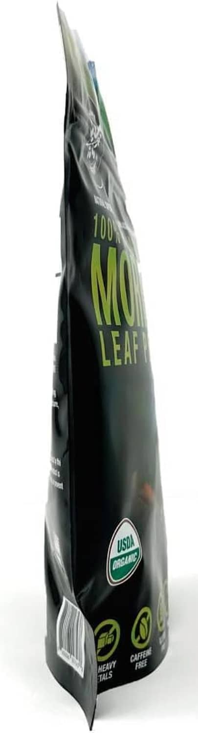 Moringa leaf powder pouch, black bag shown from side with USDA organic seal