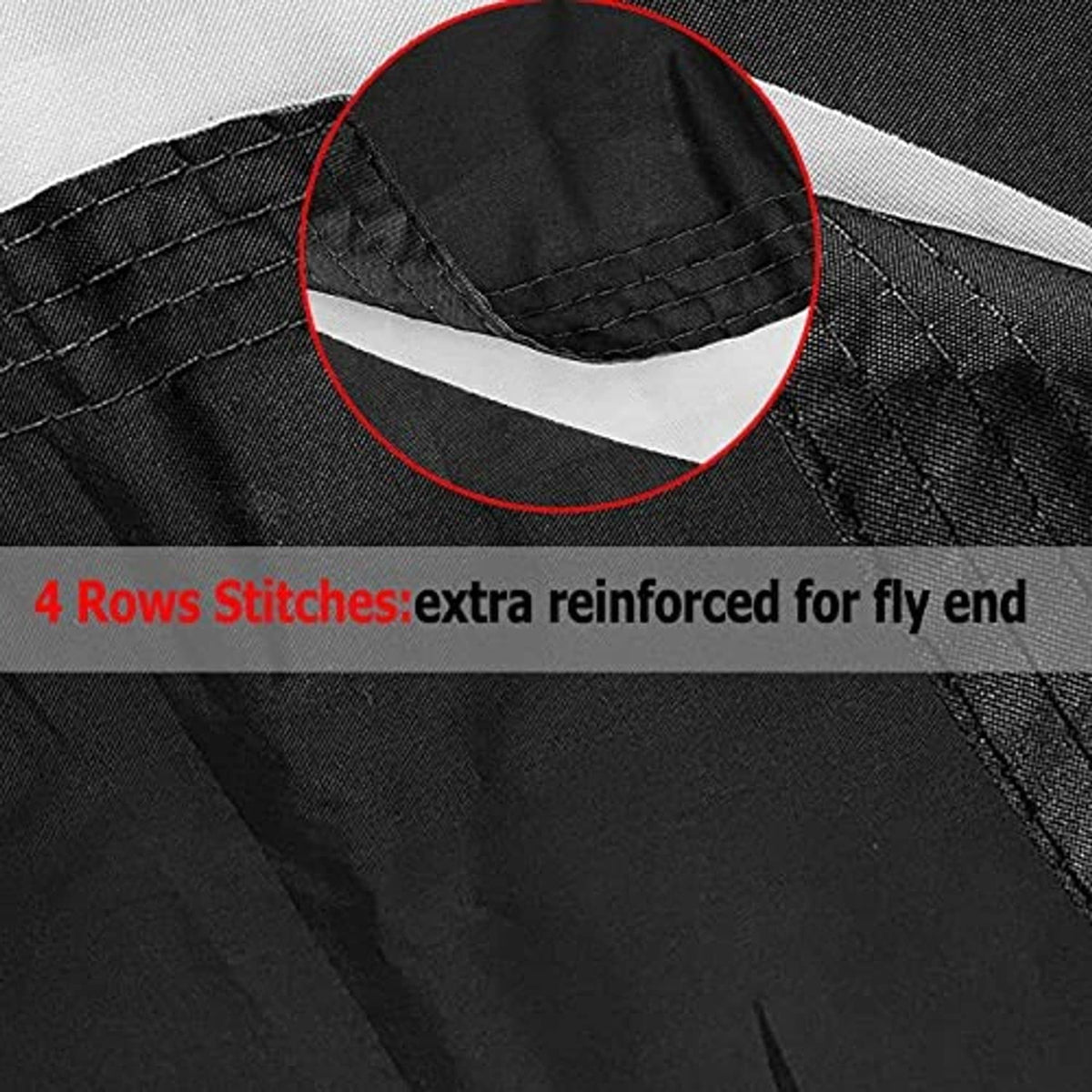 Black flag hem with reinforced stitching rows, close-up