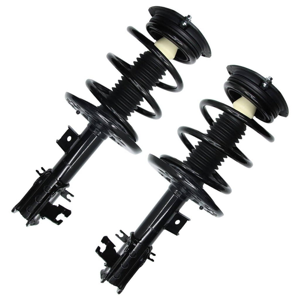 Two black coil-spring strut shocks with top spring hats and side mounting tabs