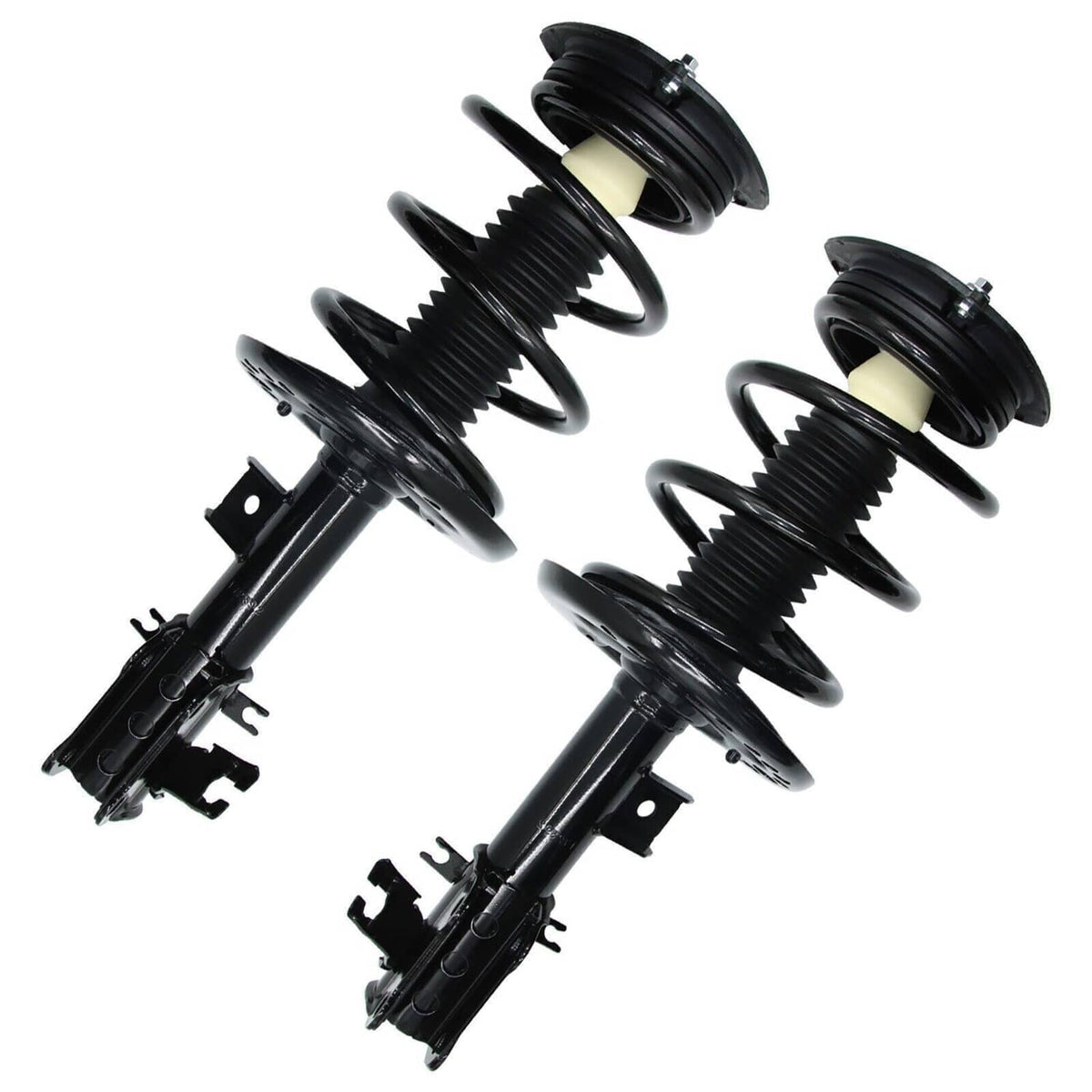 Two black coil-spring strut shocks with top spring hats and side mounting tabs