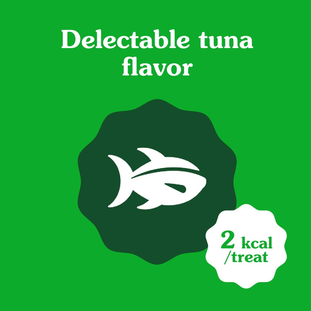 Two tuna-flavored Greenies Smartbites treats with 2 kcal per treat icon