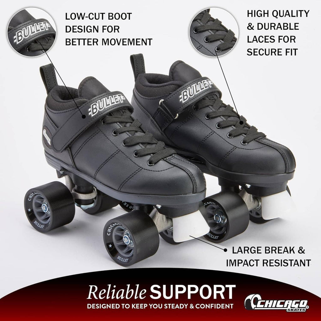 Two black quad roller skates, lace-up boots with four wheels each