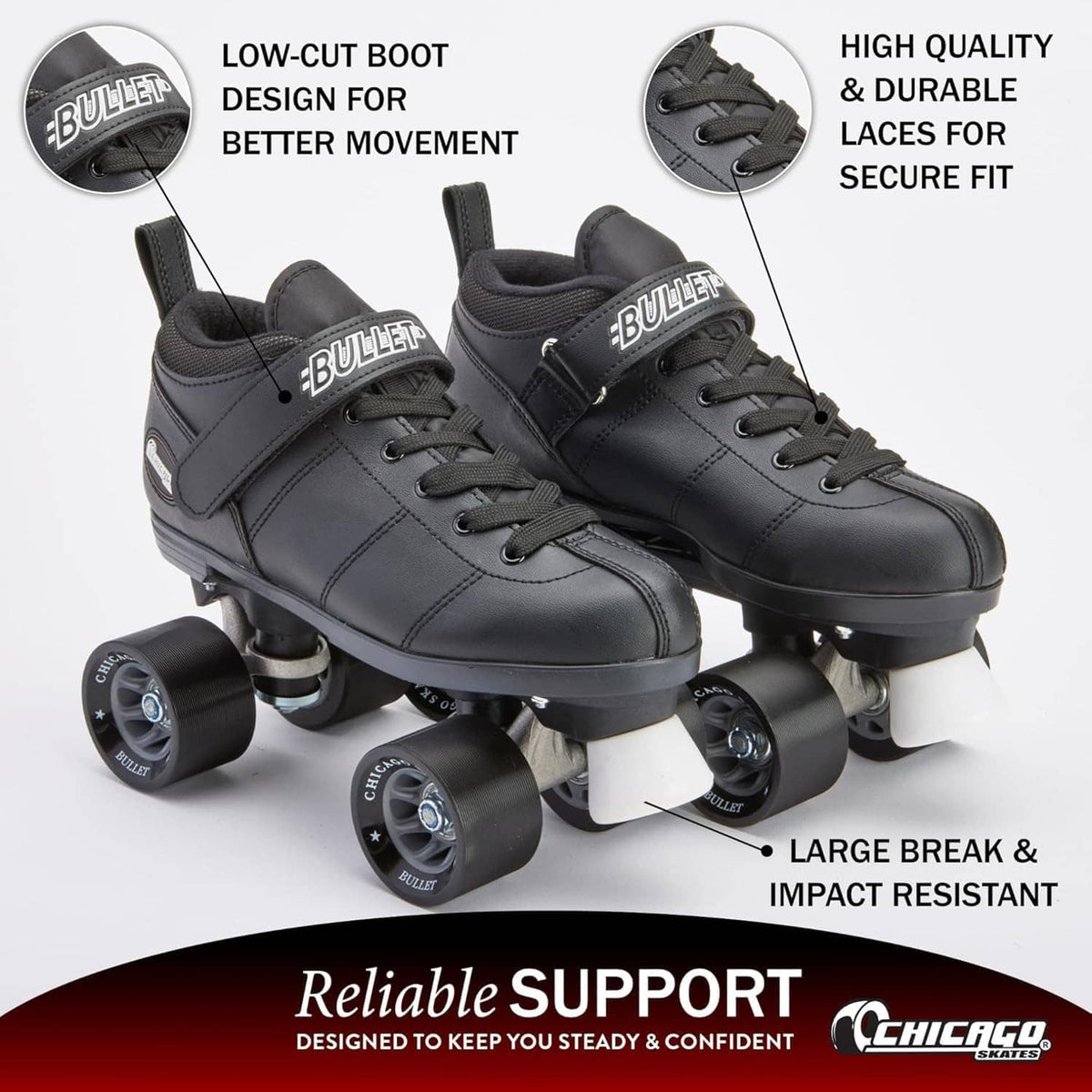 Two black quad roller skates, lace-up boots with four wheels each