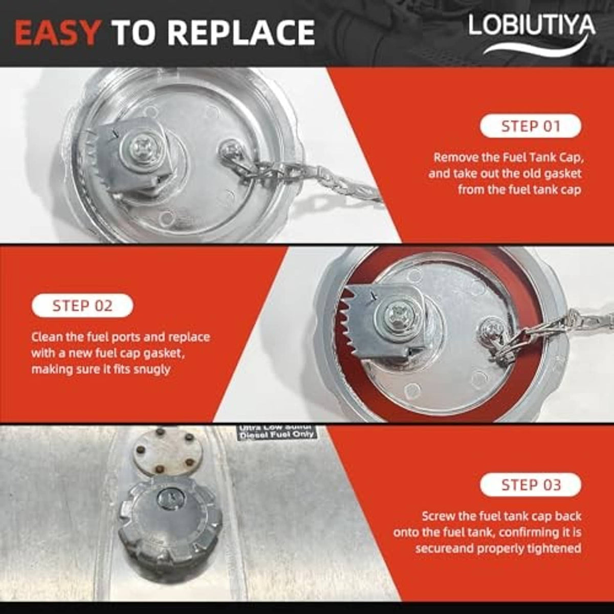 Replacement parts shown: silver fuel tank cap with chain and red gasket ring.