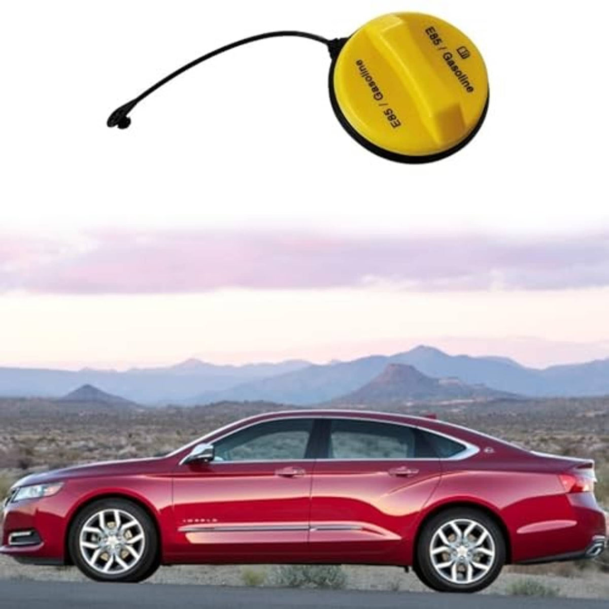 Yellow gas filler cap with black tether line, shown from angled side