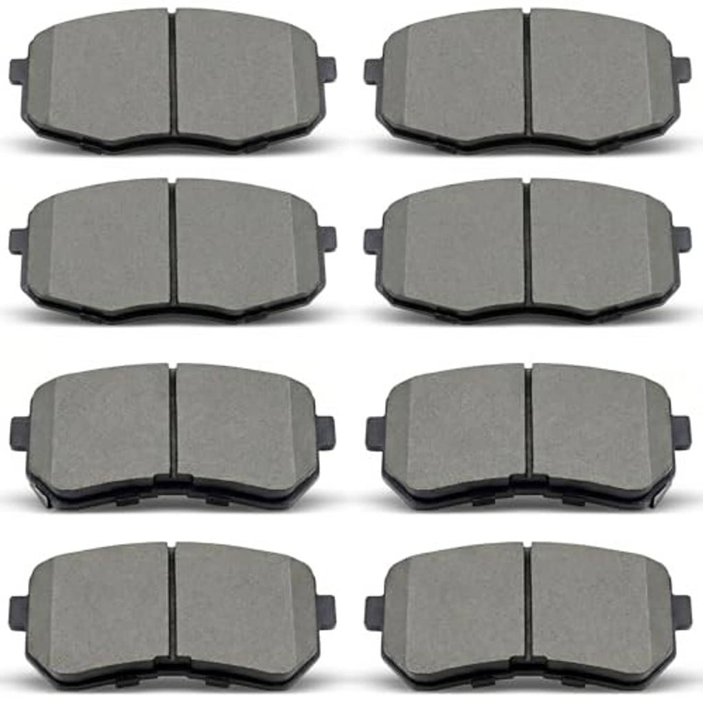 Ceramic brake pads set (8 pcs), gray front/rear pairs with side tabs and clips