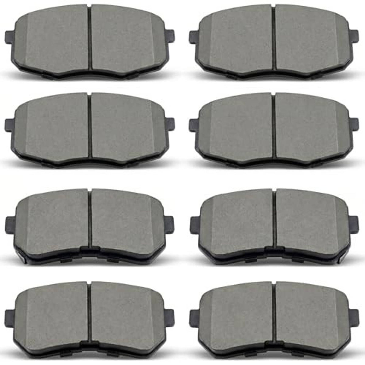 Ceramic brake pads set (8 pcs), gray front/rear pairs with side tabs and clips
