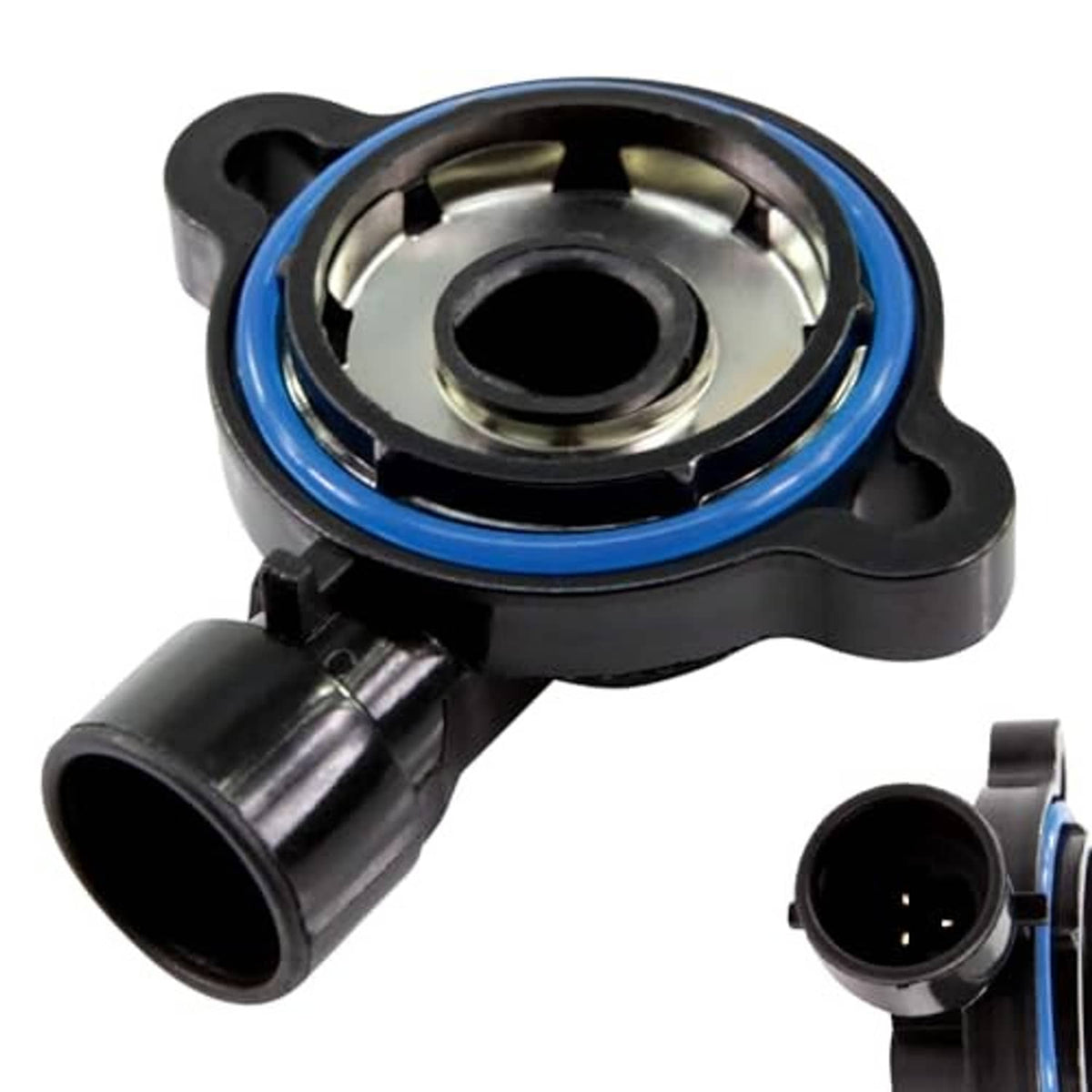 Throttle position sensor with black housing, blue seal ring, and two electrical connector pins