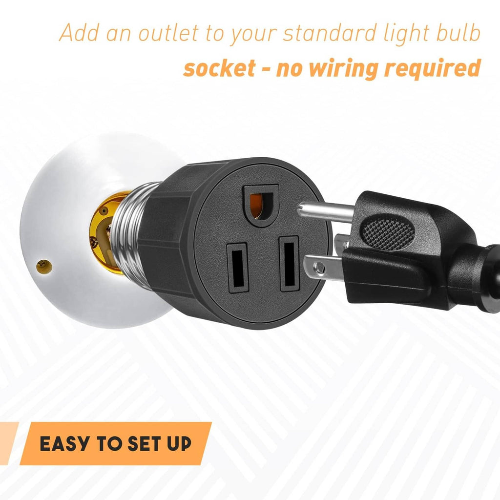 Black plug-in light socket adapter with silver threaded base and grounded 3-prong outlet