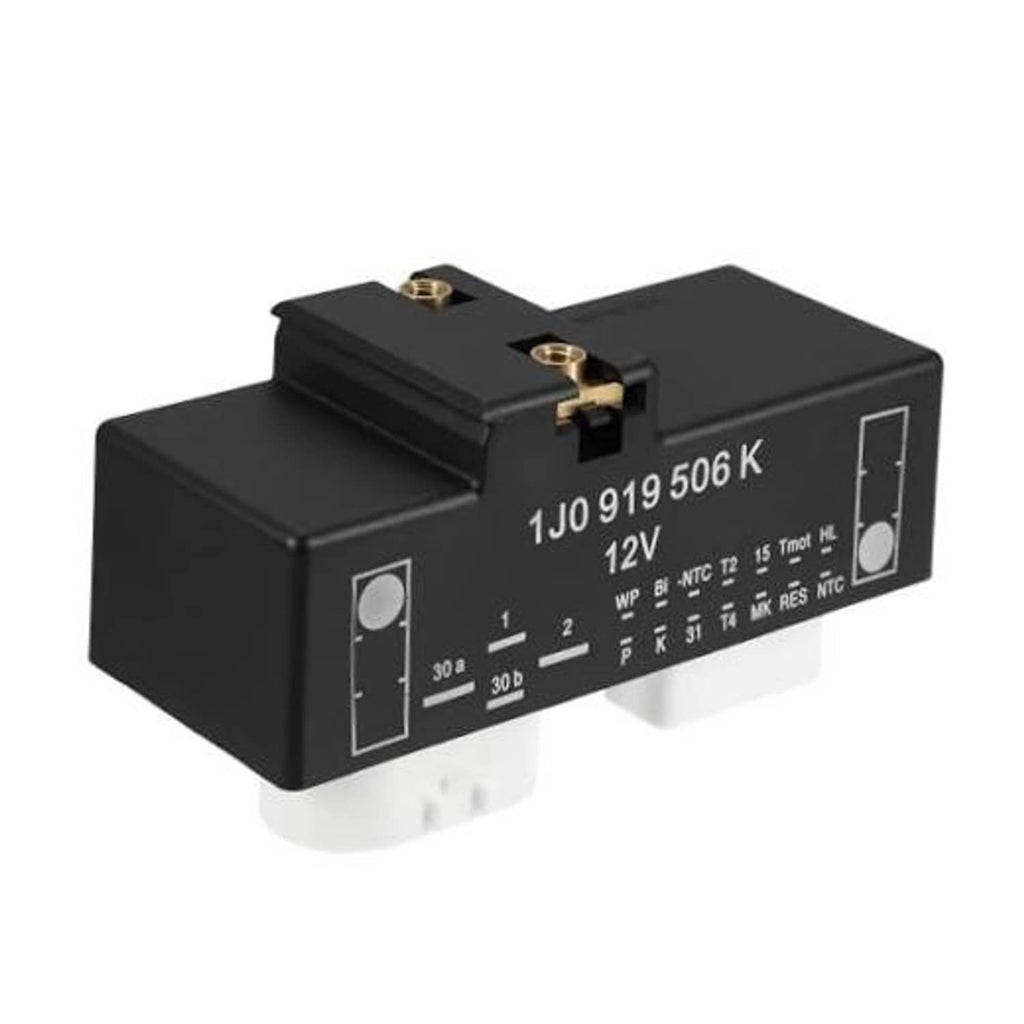 Black radiator fan control relay module with two brass terminals on top