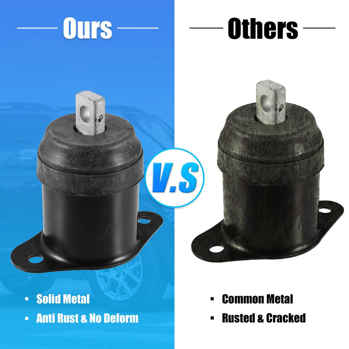 Two black engine motor mounts shown side-by-side with metal stud bases