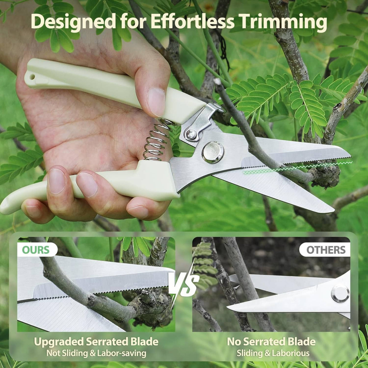 Pruning shears with cream handle and serrated stainless blade for trimming