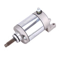 Starter motor assembly with silver housing, mounting bracket, and exposed splined drive shaft