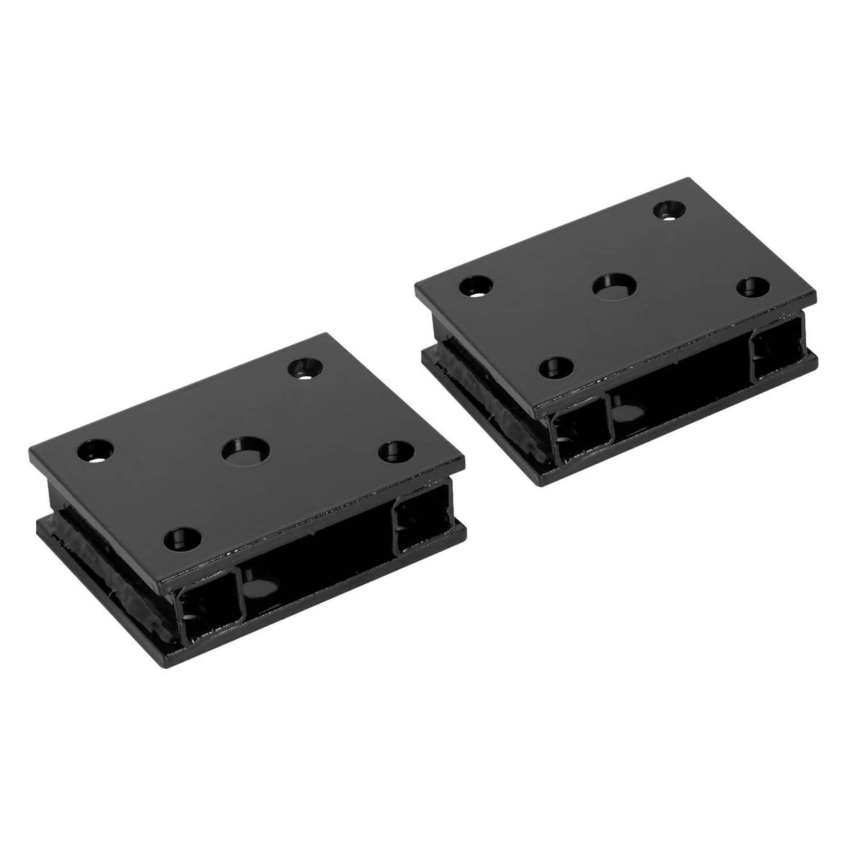 Two black mounting blocks with bolt holes and open bracket slots