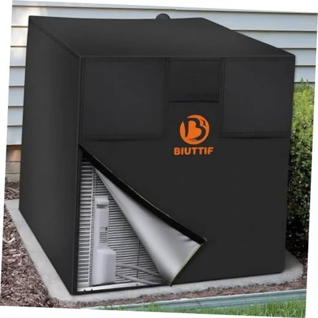 Outdoor air conditioner unit cover, black with open front panel showing silver fins inside