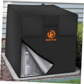 Outdoor air conditioner unit cover, black with open front panel showing silver fins inside