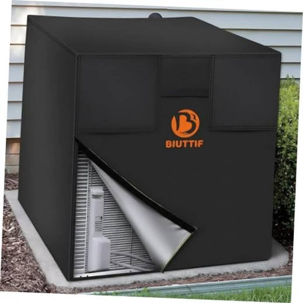 Outdoor air conditioner unit cover, black with open front panel showing silver fins inside
