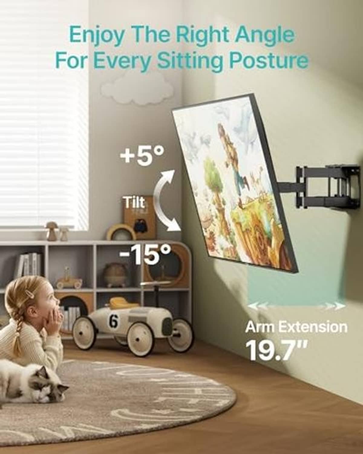 Full-motion TV wall mount with adjustable tilt and extended arm, dark gray.