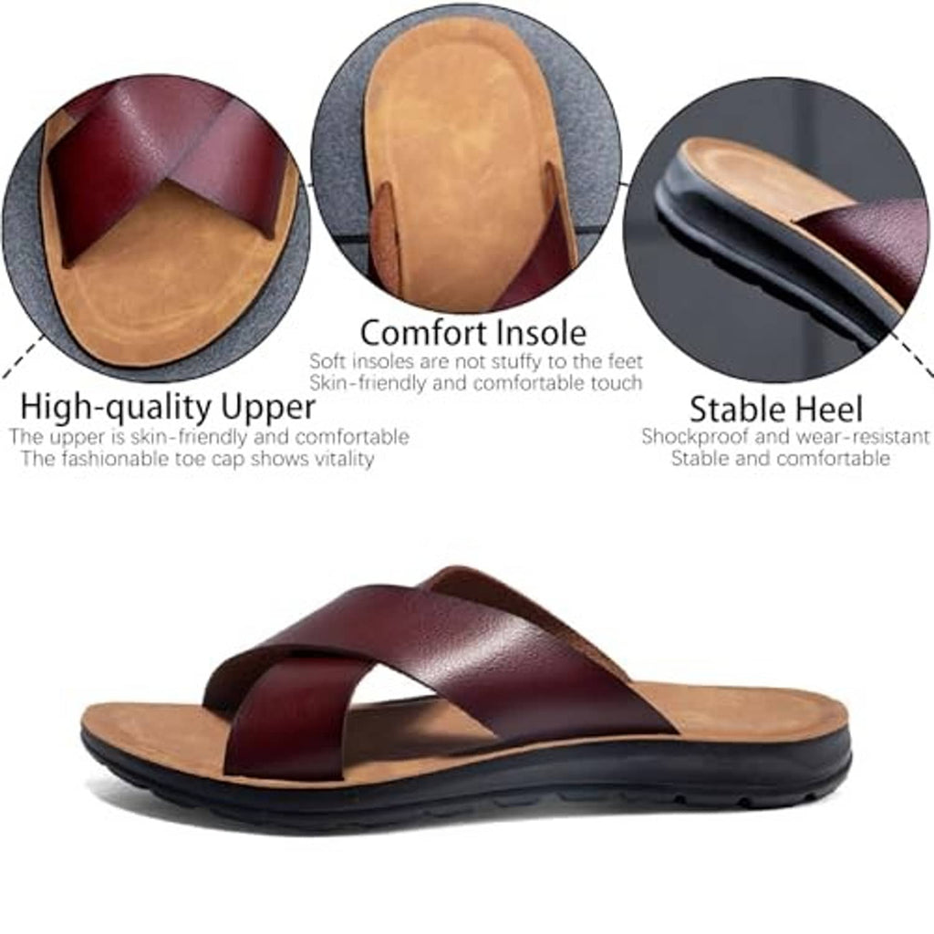 Brown leather open-toe platform slide sandals with comfort insole and stable sole