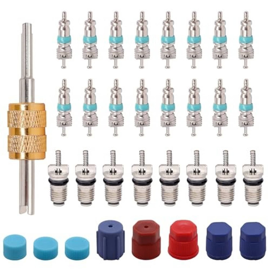 Car A/C valve core kit with brass-and-stainless tool, valve cores, and colored caps