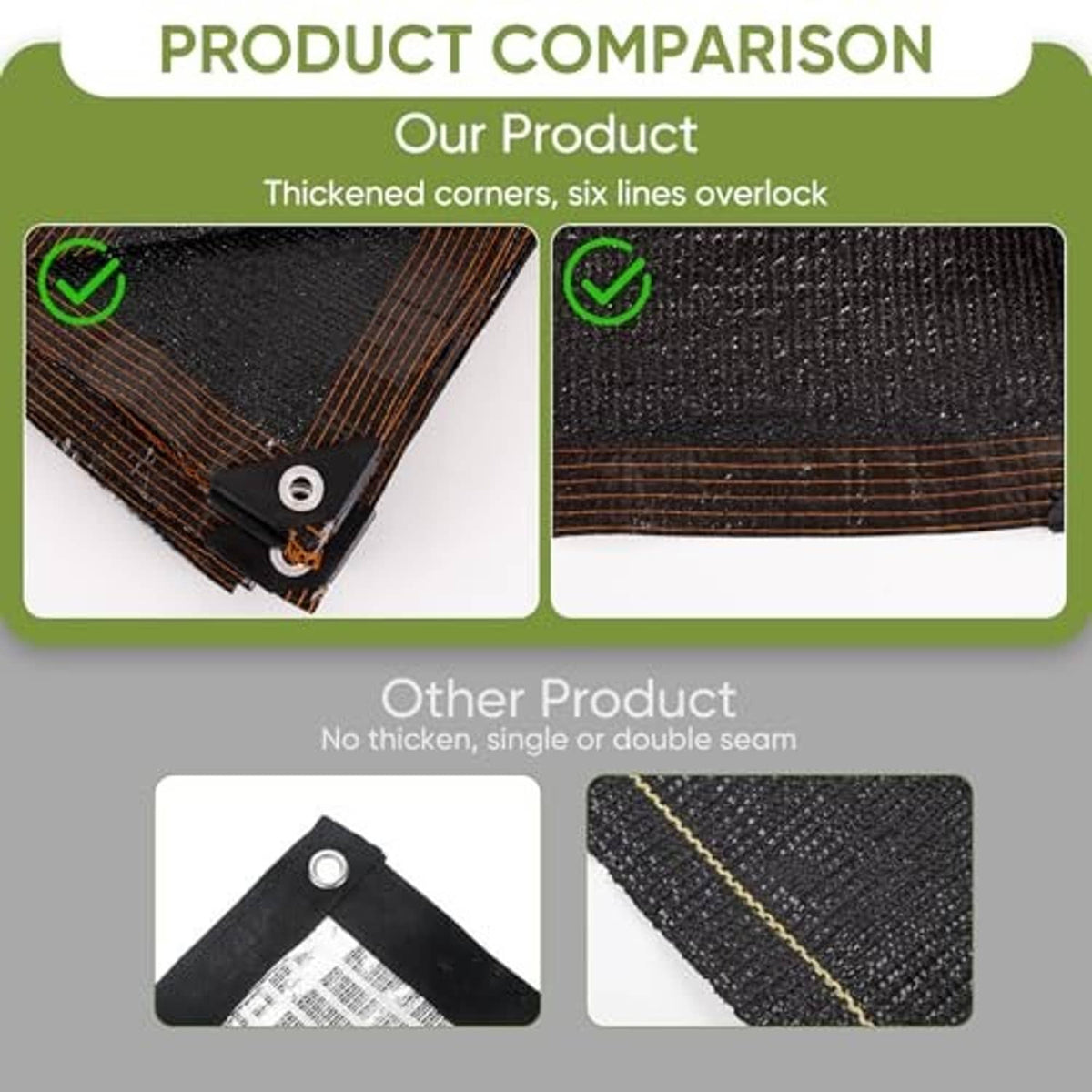 Black shade net corner with metal grommets and reinforced edge stitching detail
