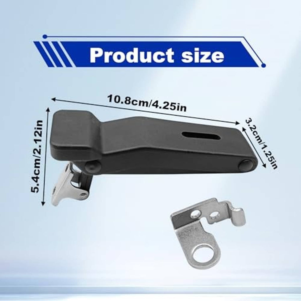 Black storage rack latch with metal retainer clip and mounting hardware, compact size