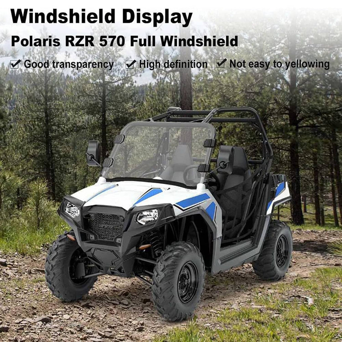 Clear full windshield panel mounted on a blue-and-white Polaris RZR UTV